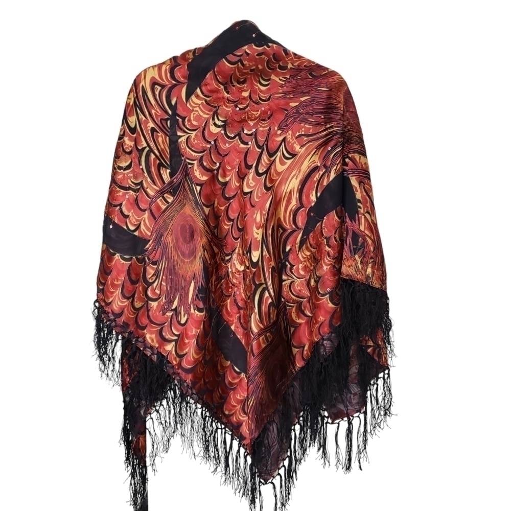 Gorgeous Large Fringed Shawl Red & Black Peacock Feathers With Sequins